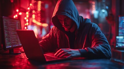 Mysterious Hacker Working on a Laptop in a Dark Room