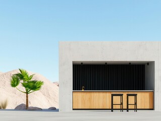Modern container kitchen exterior with concrete finish, outdoor bar, and desert landscape