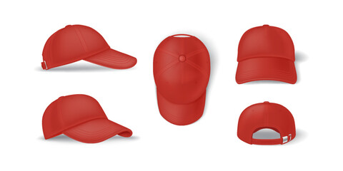 Casual red baseball cap mockup template realistic vector illustration set. Head clothing with brand template 3d models on white background
