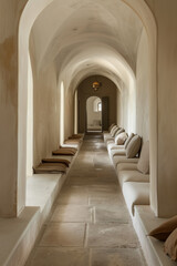 Obraz premium Minimalist hallway featuring arched doorways and vaulted ceilings with cushioned bench