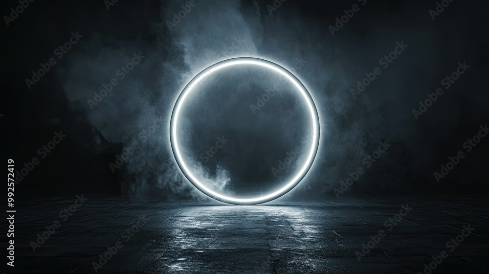 Poster luminous circle light frame on a dark background, emitting a soft white glow, ideal for highlighting