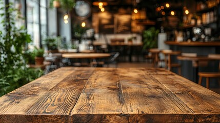Rustic Wooden Tabletop in a Cozy Cafe Setting with a Blurred Background of Plants, Tables, and Warm Lighting