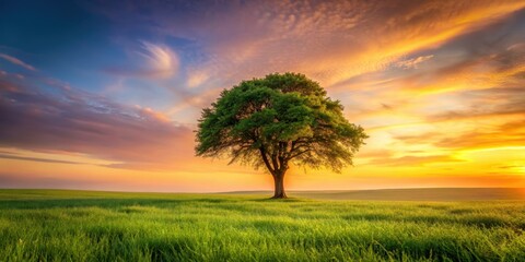 Fototapeta premium Single tree in grassy field at sunset with cloudy sky, nature, landscape, tree, grass, field, sunset, clouds, sky