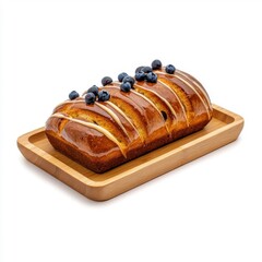 Blueberry French bread loaf on a wooden tray, isolated on a white background, combining rustic and sweet elements with its vibrant glaze.