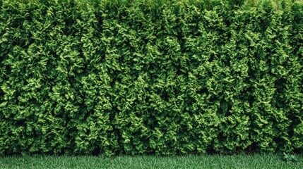 Obraz premium Lush green hedge of thuja trees, creating a serene and natural wall in a landscaped garden. Perfect for nature and landscape photography.