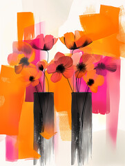 A vibrant painting featuring a flower pot overflowing with beautifully blooming flowers in rich Orange and Black tones.