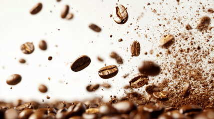 Coffee beans exploding outward with energy, frozen against a transparent white background.