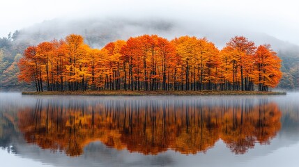 Obraz premium A vibrant island of autumnal trees, their foliage ablaze in fiery hues, reflects in the misty calm of a still lake, creating a breathtaking symmetry of nature's artistry.