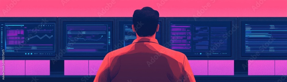 Poster a back view of a person in an office with colorful screens and data analyses, representing technolog