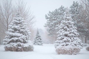 Snow-Covered Trees and Park in Soft-Focus Winter Landscape, Romantic White Scene