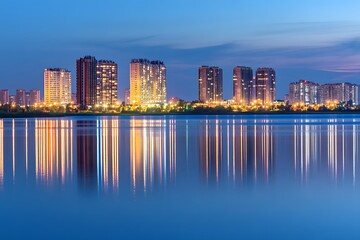 Fototapeta premium City Skyline Reflected in Water at Dusk