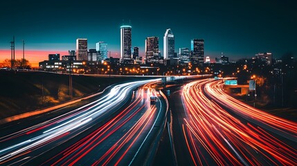 Cityscape Night Lights Long Exposure Highway Traffic Downtown Skyline