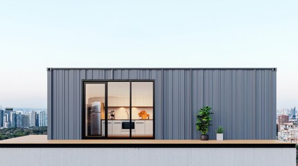 Fototapeta premium Compact container kitchen exterior with grey metal siding, rooftop terrace, and cityscape view
