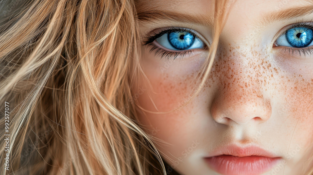 Canvas Prints a closeup shot of a girl showcasing her unique freckles, stunning blue eyes, and tousled hair on a s