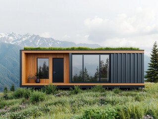 Fototapeta premium Eco-friendly container kitchen exterior with green roof, wood paneling, and mountain vista