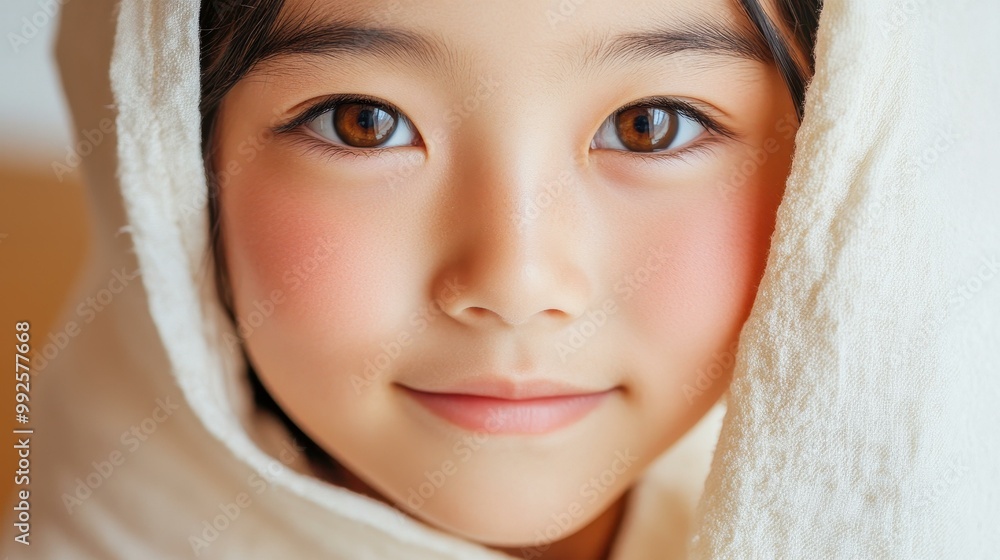 Poster a young japanese woman beams softly, draped in a delicate white cloth that enhances her graceful bea