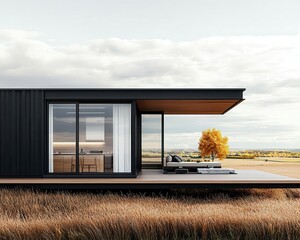 Fototapeta premium Minimalist container kitchen exterior with clean lines, large glass windows, and a serene field