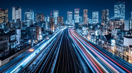 Obraz premium Night Cityscape with Train Tracks and Light Trails