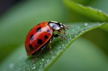 Fototapeta premium Close-Up of a Red Ladybug with Black Spots on a Green Leaf