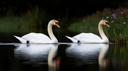 Fototapeta premium A pair of swans gliding on a clean river, surrounded by reeds and wildflowers, reflections on the water, an idyllic and serene habitat