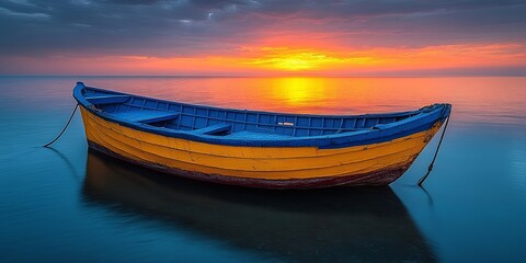Fototapeta premium A solitary wooden boat with vibrant blue and yellow paint rests on the calm, glassy water, reflecting the vibrant hues of a breathtaking sunset.