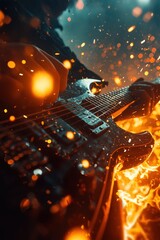 A striking close-up of a guitar surrounded by flames, capturing the intense energy and passion of music performance. Perfect for artistic and musical themes.