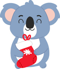Cartoon koala holding Christmas sock. Festive holiday illustration, cute animal decoration