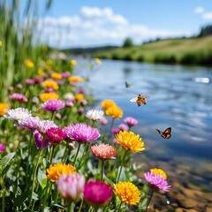 Obraz premium Brightly colored flowers growing along the banks of a clean river, bees buzzing, butterflies flying, a vibrant and lively scene