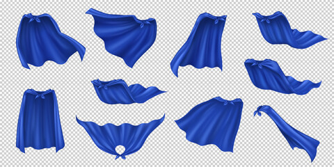 Hero capes of blue fabric realistic vector illustration set. Traditional superhero accessories 3d models bundle