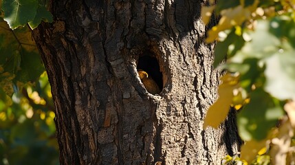Fototapeta premium Bird Hiding In Tree Trunk Hole With Green Leaves