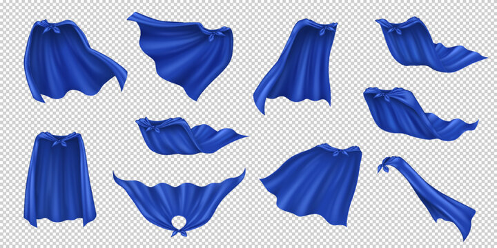 Hero capes of blue fabric realistic vector illustration set. Traditional superhero accessories 3d models bundle