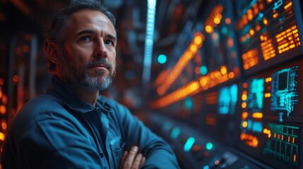 Man in Control Room, Focused on Task