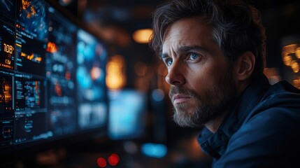 Focused Man Gazing at Computer Screens