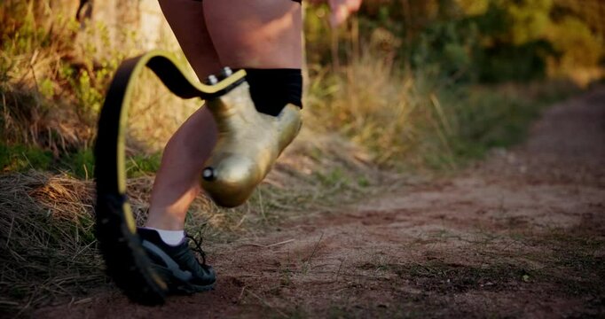 Running, fitness and woman with prosthetic blade for workout, marathon training and exercise. Sports, outdoors and person with disability start for wellness, health and performance on nature trail