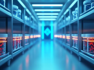 Fototapeta premium Futuristic biotech lab with glowing petri dishes and holographic molecular models