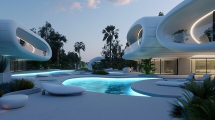 Fototapeta premium Modern Luxury Poolside at Sunset with Futuristic Design