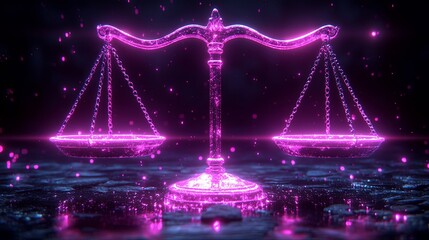 A glowing pink scale of justice stands on a dark reflective surface, surrounded by glittering particles.