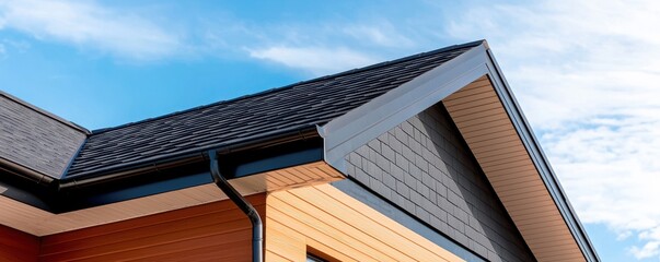 A beautiful close-up of a roof edge showcasing modern architectural design against a clear blue sky.