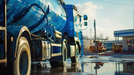 A water carrier truck filling up at a water station.