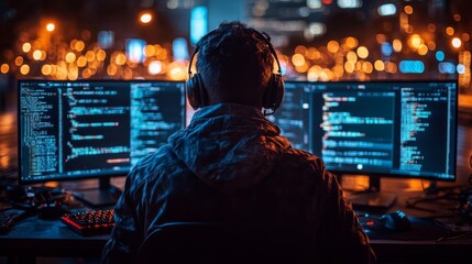 Backlit Silhouette of a Hacker Working Late in a City