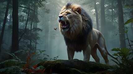 a lion roars in the middle of a dark forest