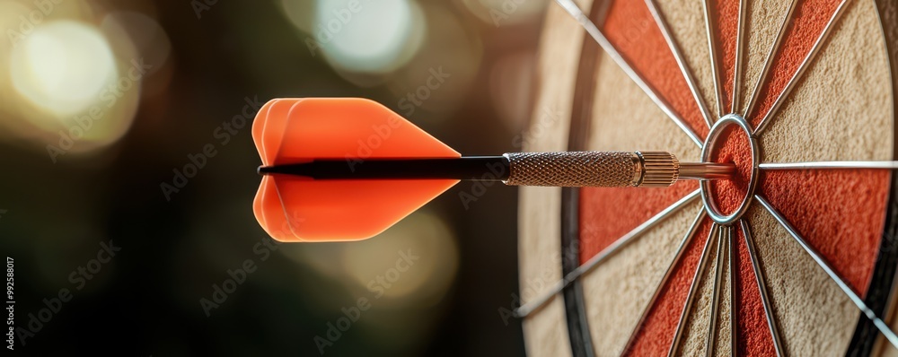 Poster dart hitting the bullseye on a dartboard, symbolizing precision and focus in competitive games.