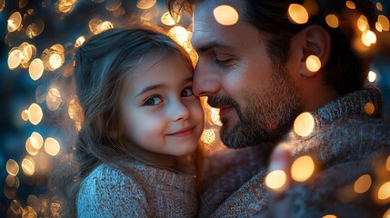 cute son,daughter and his father celebrating fathers day in a festival background,with glowing lights