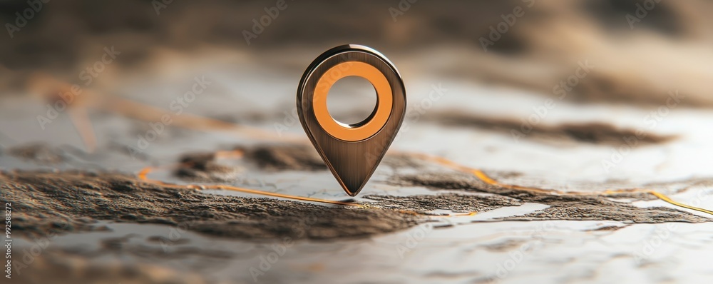 Poster golden location pin resting on a textured surface, symbolizing navigation and discovery.