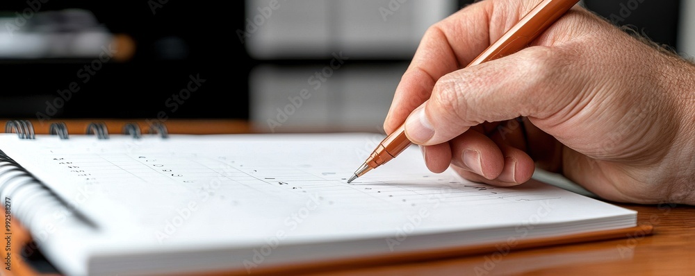 Poster hand writing on a blank notebook with a pen, symbolizing creativity and productivity in a workspace.
