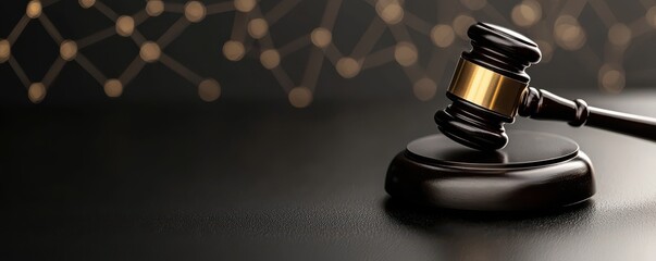gavel resting on a dark surface, symbolizing justice and law, with a stylish background design.