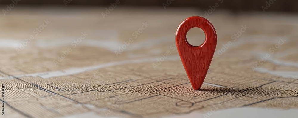 Poster red map pin placed on a vintage map, symbolizing location and navigation in geography.