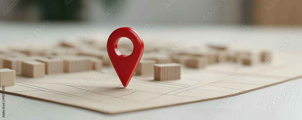 Poster a red location pin on a map, symbolizing navigation and direction in modern travel and exploration.