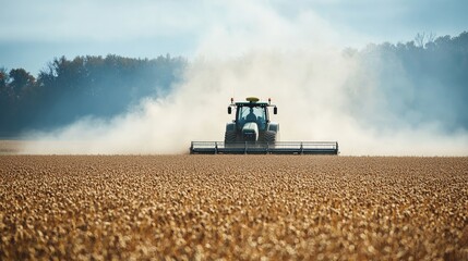 Obraz premium A modern tractor harvesting a field of ripe soybeans, with dust clouds rising