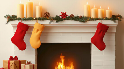 A warm and festive Christmas mantel adorned with candles, stockings, and garlands, creating a cozy holiday ambiance filled with warmth and the joy of the season.